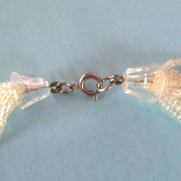 Clear frosted lucite multi strand seed beaded 28" necklace - opaque lei flowers - Picture 11 of 11